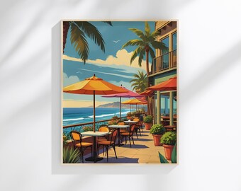 Seaside Terrace Printable Wall Art | Coastal Cafe Patio Print | Oceanfront Decor | Mediterranean Digital Download