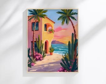 Mexican Pink Villa Wall Art | Mediterranean Coastal Architecture Print | Colorful Beach House Decor | Digital Download