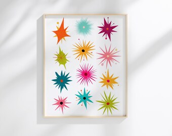 Mid Century Christmas Starburst Art | Retro Atomic Holiday Print Set | Vintage Starburst Decor | Midcentury Xmas Wall Art | Digital Download