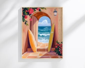 Mexican Surfboard Wall Art | Mediterranean Beach Arch Print | Colorful Coastal Surf Decor | Digital Download