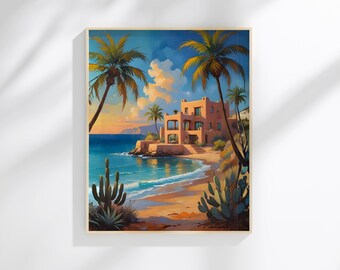 Mexican Seaside Villa Wall Art | Mediterranean Coastal Home Print | Colorful Beach Architecture | Digital Download