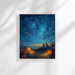 May include: A framed art print depicting a romantic Halloween scene. Two skeleton figures are seated in a field, surrounded by lit jack-o'-lanterns and candles. The background features a dark blue sky with stars, creating a spooky yet tender atmosphere.