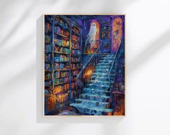 Lámina artística de fantasmas en una biblioteca encantada / Decoración de pared de Halloween estilo Dark Academia / Descarga digital de libros iluminados con velas
