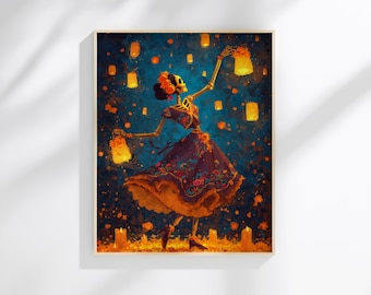 May include: A framed wall art print depicting a skeleton figure wearing a dark purple dress with floral embroidery, dancing amidst floating orange lanterns and glowing candles against a deep blue background with scattered orange flower petals.