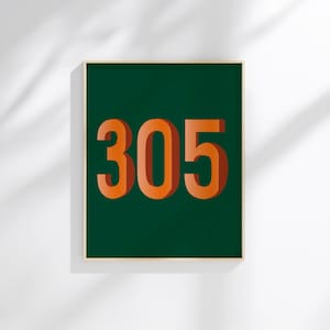 May include: A framed art print displaying the number "305" in orange against a dark green backdrop. The numbers have a 3D appearance, and the print is enclosed within a thin, light-coloured frame. The artwork is mounted on a white wall.