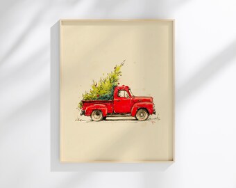 May include: A watercolor art print on a cream background featuring a bright red vintage pickup truck carrying a large, textured green pine tree in its bed. The illustration uses loose ink outlines and vibrant paint strokes to depict the vehicle.