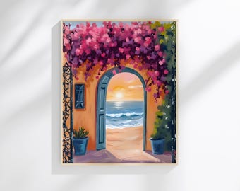 Mexican Blue Door Wall Art | Mediterranean Bougainvillea Arch Print | Colorful Coastal Decor | Digital Download