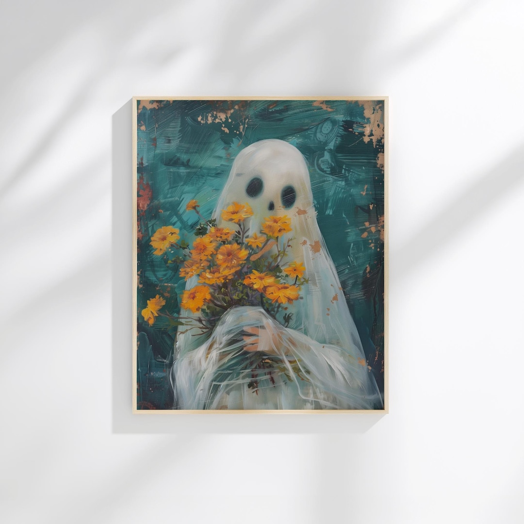 Ghost With Flowers Halloween Art Print | Whimsical Fall Wall Decor ...