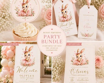 Bunny Birthday Party Bundle | Editable Canva Invitation and Welcome Sign | Printable Cupcake Toppers & Favor Tags | Pink Bunny Decorations