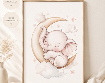 Baby Elephant Nursery Print, Neutral Nursery Wall Art, Elephant Moon Printable, Beige Nursery Decor, Boho Baby Room Digital Download