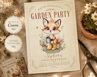 Vintage Fox Garden Party Birthday Invitation Template | Editable Canva Invite | Woodland First Birthday | Cottagecore Birthday Invitation