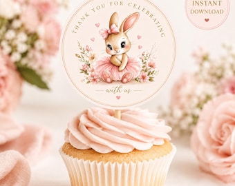 Bunny Birthday Cupcake Toppers | Printable Pink Bunny Party Decorations | 2” Circle Cupcake Picks | Instant Download | First Birthday