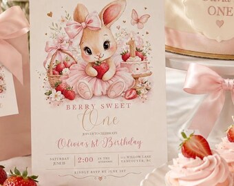 Berry Sweet One Birthday Invitation Template, Strawberry First Birthday Invite, Bunny 1st Birthday Invitation, Pink Girl Birthday, Editable