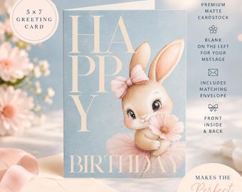 Ballerina Bunny Birthday Card | Luxury 5x7 Greeting Card with Envelope | Cute Girl Birthday Card | Premium Matte Cardstock
