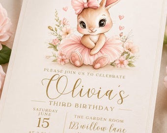 Ballerina Bunny Birthday Invitation, Editable Canva Invitation, Pink Bunny Birthday Party Invite, Printable Girl Birthday Invitation