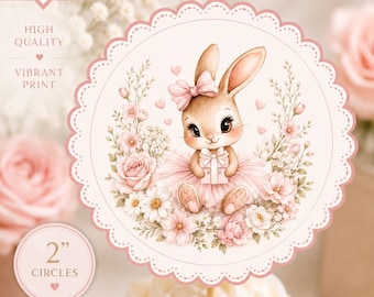 Printable Bunny Cupcake Toppers, Pink Ballerina Bunny Birthday Decorations, 2” Party Circles, Bunny Birthday Stickers, Instant Download