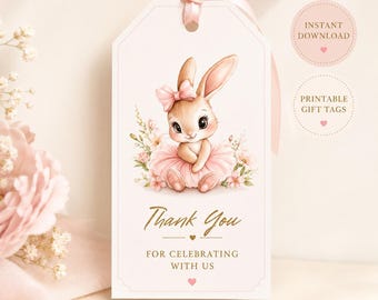 Ballerina Bunny Favor Tags Printable | Pink Bunny Birthday Gift Tags | Thank You Tags | First Birthday Party Decor | Instant Download