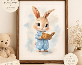 Storytime Nursery Wall Art | Reading Bunny Printable | Neutral Nursery Decor | Bedtime Baby Room Art | Instant Download
