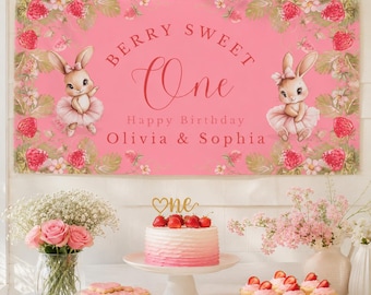 Twins Berry Sweet One Birthday Banner | Strawberry Bunny Birthday Banner | Editable Canva Template | Twin First Birthday Decor