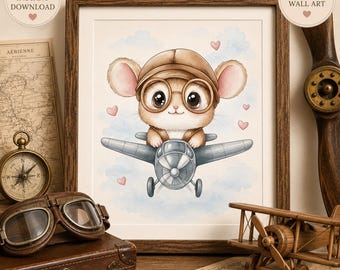 Vintage Airplane Wall Art Printable | Watercolor Pilot Mouse Print | Airplane Decor for Kids Room, Nursery & Playroom | Instant Download
