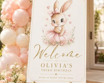 Bunny Birthday Welcome Sign Template, Editable Canva Welcome Sign, Pink Bunny Party Decor, Printable Birthday Entrance Sign, Girl Birthday