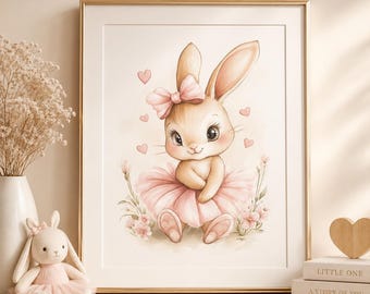 Ballerina Bunny Nursery Print, Baby Girl Nursery Wall Art, Pink Bunny Printable, Ballet Nursery Decor, Digital Download, Watercolor Bunny