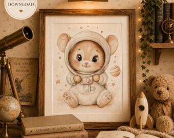 Space Nursery Wall Art Printable, Vintage Nursery Decor, Celestial Baby Room Print, Cute Animal Nursery Art, Instant Download Gift