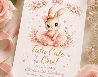 Tutu Cute to Be One Birthday Invitation, Editable First Birthday Invite, Pink Ballerina Bunny Invitation, Canva Template