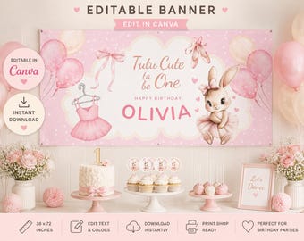 Banner Cumpleaños Conejita Bailarina, Tutu Cute One, Decoración Fiesta Niña, Acuarela, Editable Canva, 1er Cumpleaños