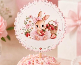 Berry Sweet One Birthday Decorations | Cupcake Toppers | Pink Ballerina Bunny Party | 2" Party Circles | Instant Download