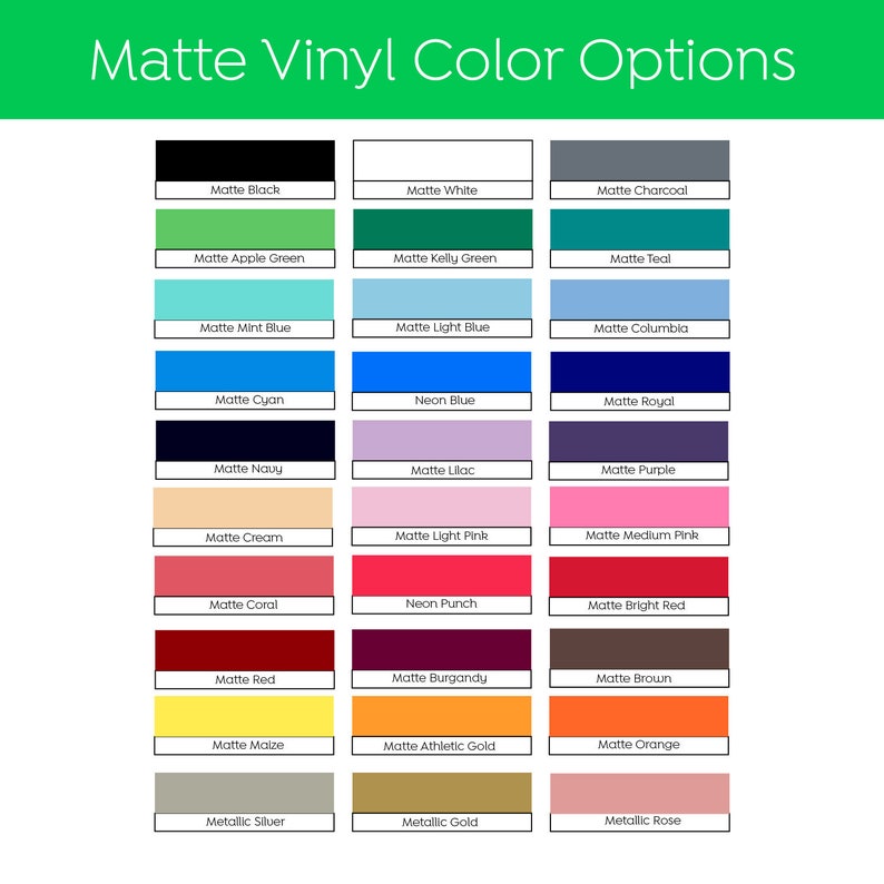 Op de afbeelding: Een kaart met matte vinylkleuropties. De kaart toont 30 verschillende kleuren, waaronder zwart, wit, antraciet, appelgroen, kellygroen, teal, mintgroen, lichtblauw, columbia blauw, cyaan, neonblauw, koninklijk blauw, marineblauw, lila, paars, cr&egrave;me, lichtroze, middelroze, koraal, neon punch, felrood, rood, bordeaux, bruin, ma&iuml;s, atletisch goud, oranje, zilver, goud en roze.