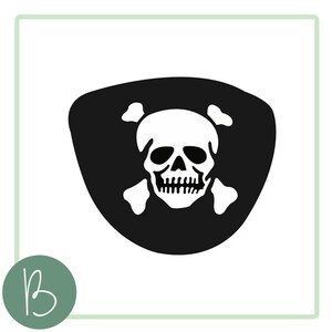 May include: A black pirate eye patch featuring a white skull and crossbones. The skull has detailed features, and the crossbones are behind the skull. The design is set against a white background.