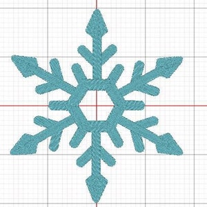 May include: A blue snowflake design with six points, each point has a small triangle at the end. The snowflake is centered on a white grid background.