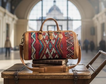 Handgemachte marokkanische Leder Kelim Reisetasche, Reisetasche, Vintage Berber Teppichtasche, Reisetasche für Männer & Frauen