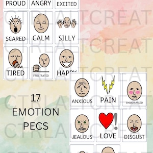 Könnte beinhalten: Ein Set aus siebzehn Emotions-PECS-Karten mit illustrierten Gesichtern und Figuren, die Gefühle wie stolz, wütend, aufgeregt, ängstlich, ruhig, albern, müde, frustriert, glücklich, besorgt, Schmerz, verlegen, eifersüchtig, Liebe, Ekel, zufrieden und gelangweilt darstellen.