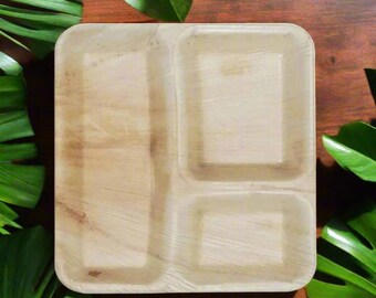 Platos desechables de hoja de palma de areca de 3 compartimentos de primera calidad, resistentes, ecológicos, biodegradables, para pícnic, bodas y fiestas, aptos para microondas