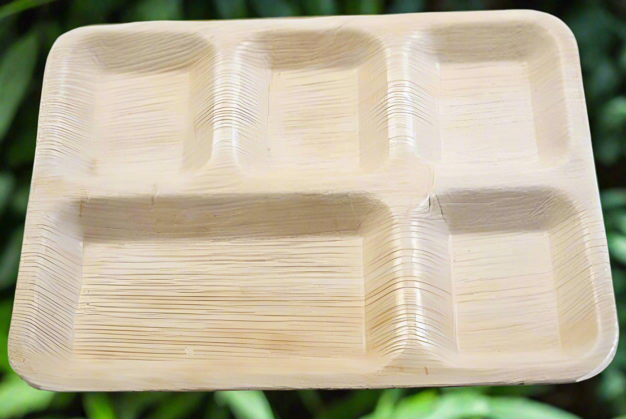 Platos desechables premium de hoja de palma areca de 5 compartimentos, resistentes, ecológicos, biodegradables, para picnic, bodas y fiestas, aptos para microondas.