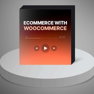 May include: A black box with a red and orange gradient background. The text "Ecommerce with WooCommerce" is displayed in white on the box. There are play, rewind, and fast forward buttons on the box.