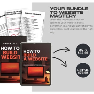 Peut inclure: Un guide numérique et imprimé intitulé "Comment construire un site Web" avec une liste de contrôle et une table des matières. Le guide est disponible en pack pour 24,99 $ ou individuellement pour 79,99 $.