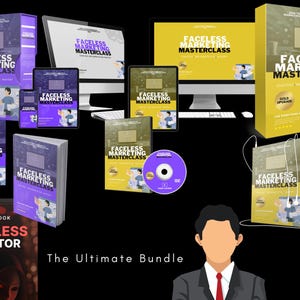 May include: A collection of digital marketing products with the title "Faceless Marketing Masterclass: The Ultimate Bundle". The products include a workbook, a DVD, and several digital downloads. The products are all in a yellow and purple color scheme.