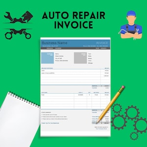 Może przedstawiać: Szablon faktury za naprawę samochodową w kolorze niebieskim i białym z tytułem "Auto Repair Invoice". Szablon zawiera sekcje dla nazwy firmy, informacji o kliencie, szczegółów usługi, części i sum.