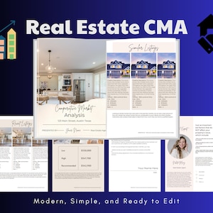 May include: A real estate comparative market analysis (CMA) document with a beige background. The document includes sections for recent listings, similar listings, and an expert opinion. The document also includes a photo of a house and a photo of a real estate agent.