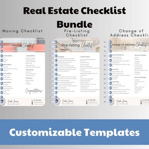 May include: A bundle of three printable real estate checklists: Moving Checklist, Pre-Listing Checklist, and Change of Address Checklist. Each checklist has a blue and white design with a watercolor background and a title in a bold black font. The checklists are customizable templates.