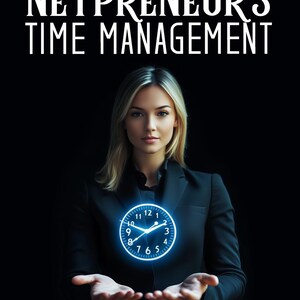 Puede incluir: Una mujer con un blazer negro extiende las manos con una esfera de reloj azul brillante en el centro de sus palmas. El texto de arriba dice "NETPRENEUR'S TIME MANAGEMENT". Debajo de la esfera del reloj, el texto dice "The Simple Step-By-Step Plan For Entrepreneurs To Get More Done In Less Time".