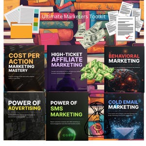 Może przedstawiać: Kolaż sześciu kolorowych okładek książek z tytułami związanymi ze strategiami marketingowymi, w tym "Cost Per Action Marketing Mastery", "High-Ticket Affiliate Marketing", "Behavioral Marketing", "Power of Advertising", "Power of SMS Marketing" i "Cold Email Marketing".