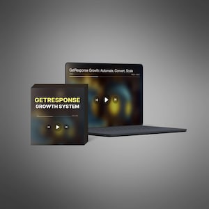 Könnte beinhalten: Eine schwarze Box mit dem Text "GetResponse Growth System" in gelben Buchstaben. Die Box enthält ein verschwommenes Bild eines Play-Buttons und Rückspul-Buttons. Ein Laptop mit einem verschwommenen Bild eines Play-Buttons und Rückspul-Buttons befindet sich im Hintergrund. Der Laptop-Bildschirm zeigt den Text "GetResponse Growth: Automate, Convert, Scale".