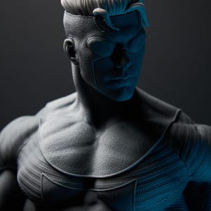 May include: A grayscale superhero figurine with a detailed physique and stylized hair. The figure has a mask-like design over the eyes and a textured costume. The lighting creates dramatic shadows, highlighting the muscular form.