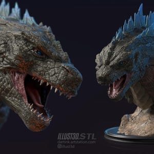 May include: A detailed bust of a reptilian creature with textured grey skin, sharp teeth, and glowing blue dorsal fins. The creature has an open mouth and intense eyes. Text at the bottom reads: ILLUST3D.STL, dartink.artstation.com, and @illust3d.