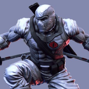 May include: A detailed 3D render of a muscular figure in a white and gray tactical suit. The figure is wearing a mask and has a Cobra emblem on the chest. Two swords are visible, and the figure is in a crouched position.