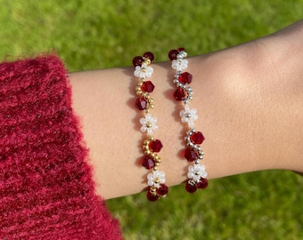 Ruby Beaded Flower Bracelets, Red Dainty Bracelet, Floral Bracelet, Aesthetic Bracelet, Silver Bracelet, Gold Bracelet, Gift for Her